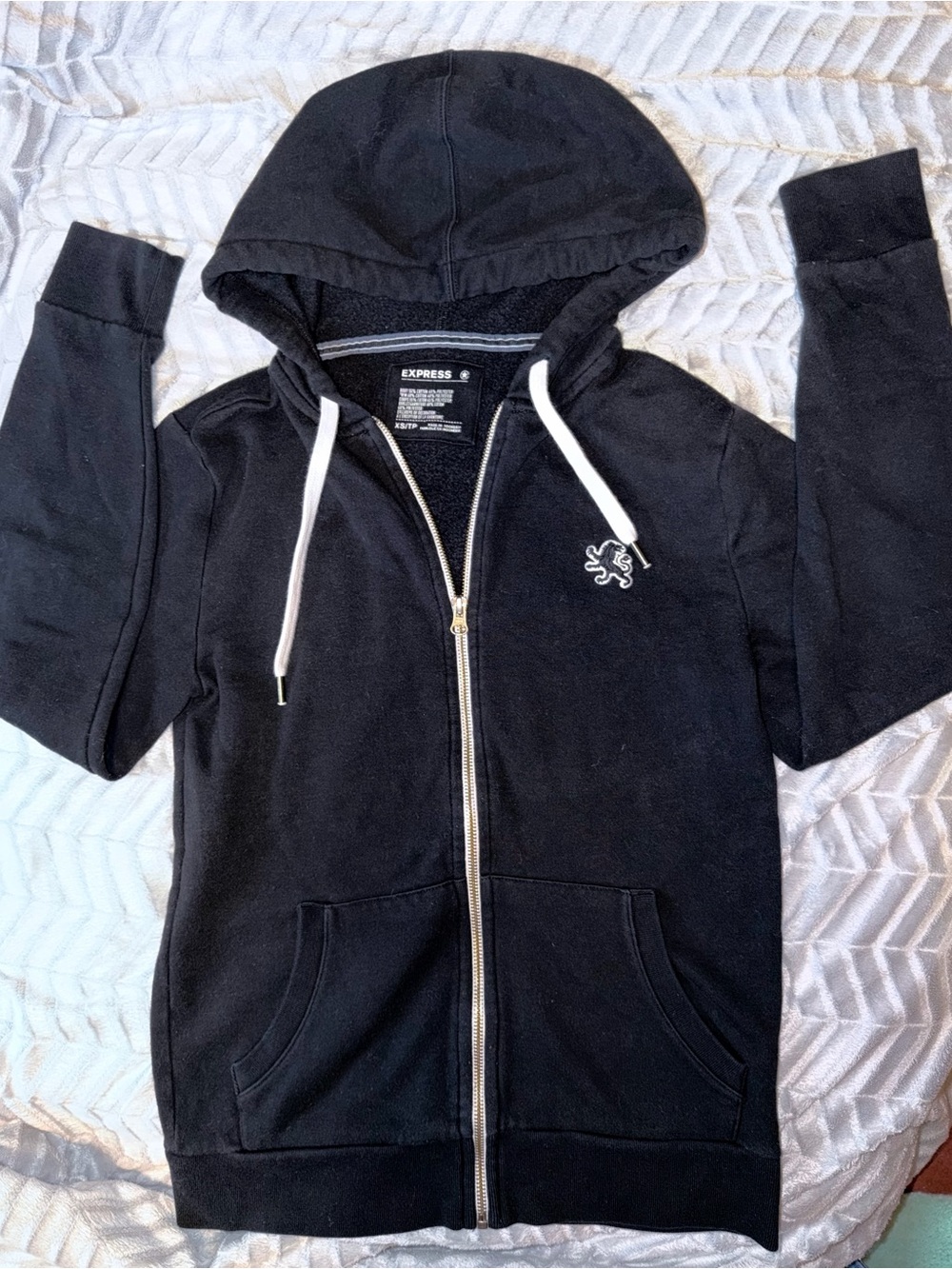 Express Mens Black Zip-Front Hoodie with White Drawstrings